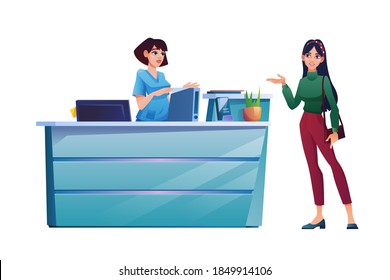 Patient speaks to receptionist, medical staff, reception desk with folders, computer and plant in pot. Vector woman customer talking to female nurse or doctor, scene of clinic hospital visit
