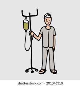 Patient standing with intravenous saline cartoon