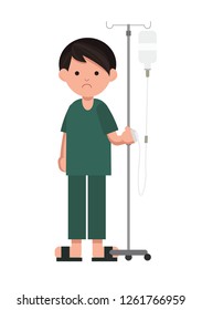 Patient Standing With Intravenous Saline Solution. Sick Man Standing With  Intravenous Dropper Line. Flat Vector.
