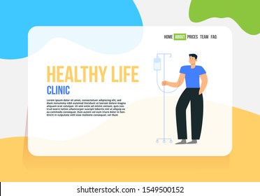 Patient standing with intravenous saline solution. Sick man standing with intravenous dropper line. vector, illustration 