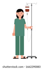 Patient standing with intravenous saline solution. Sick woman standing with intravenous dropper line. Flat vector.