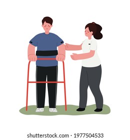 patient standing practice with physiotherapist cartoon character design, medical rehabilitation, physical therapy, cute cartoon illustration