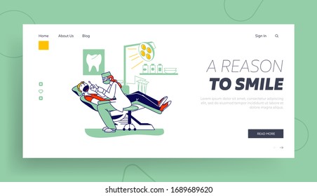 Patient in Stomatologist Cabinet Landing Page Template. Man Lying in Medical Chair with Equipment. Doctor Character Conducting Check Up Treatment Look at Oral Cavity. Linear People Vector Illustration