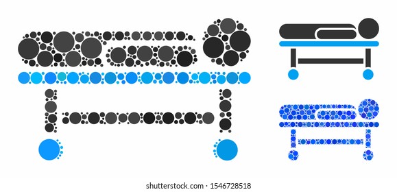 Patient stretcher composition of round dots in various sizes and color tinges, based on patient stretcher icon. Vector round dots are composed into blue collage.