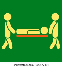 Patient Stretcher vector icon. Style is bicolor flat symbol, orange and yellow colors, rounded angles, green background.