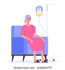 Patient suffer from cancer disease. Female character oncology patient with a dropper getting a chemo. Idea of healthcare, oncology illness and medicine treatment. Vector illustration in cartoon style