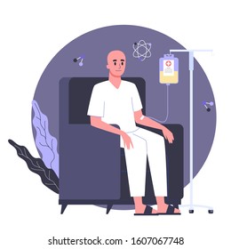 Patient suffer from cancer disease. Male character oncology patient with a dropper getting a chemo. Idea of healthcare, oncology illness and medicine treatment. Vector illustration in cartoon style