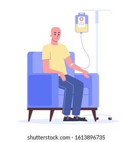 Patient suffer from cancer disease. Male character oncology patient with a dropper getting a chemo. Idea of healthcare, oncology illness and medicine treatment. Vector illustration in cartoon style