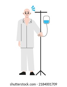 Patient Suffer From Cancer Disease. Male Character Oncology Patient With A Dropper Getting A Chemo. Idea Of Healthcare, Oncology Illness And Medicine Treatment. Flat Style Vector Illustration