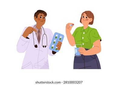 Patient taking pills prescribed by doctor. Vector isolated woman with capsule and cup of water. Doctor recommending medication, pharmacist worker giving new drugs. Presentation of innovative medicine