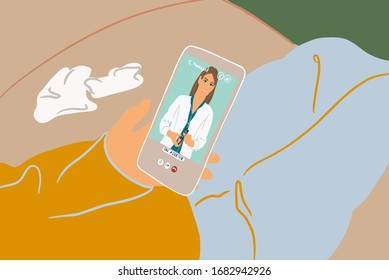 Patient talking by mobile phone with a doctor online from home. Concept of telemedicine and medical treatment during pandemic. Colorful vector illustration in flat cartoon style