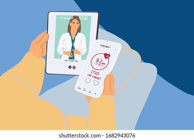 Patient talking by mobile phone with a doctor online from home. Concept of telemedicine and medical treatment during pandemic. Colorful vector illustration in flat cartoon style