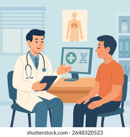 Patient talking to doctor in modern clinic. Healthcare consultation with medical symbols, computer, and stethoscope. Flat vector illustration for medicine, wellness, and health topics.
