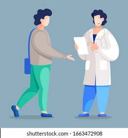 Patient talking with doctor practitioner isolated people in flat cartoon style. Vector illustration of physician consultant and clinical visitor discussing health issues, physiotherapist and client