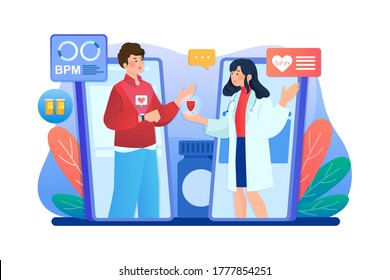 Patient talking to doctor using cell phone video call over his heartbeat rate data collected via smart watch app technology. svg