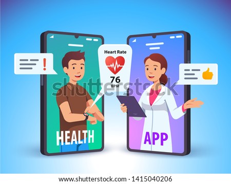 Patient talking to doctor using cell phone video call over his heartbeat rate data collected via smart watch app technology. Modern medical consultation, health care concept. Flat vector illustration