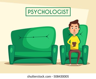 Patient talking to psychologist. Cartoon vector illustration. Psychotherapy counseling. Psychology cabinet with sofa. Male character holding notepad