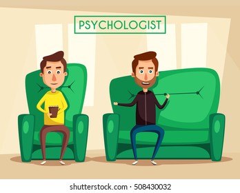Paciente hablando con un psicólogo. Ilustración vectorial de dibujos animados. Asesoramiento en psicoterapia. Hombre lidiando con el estrés. Gabinete de psicología con sofá. Carácter masculino que sostiene el bloc de notas