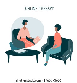 Patient Talking To Psychologist. Psychotherapy Counseling. Online Therapy Session. Flat Vector Graphic