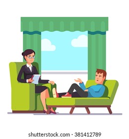 Patient talking to psychologist. Psychotherapy counseling. Dealing with stress and addiction. Flat style modern vector illustration. Flat style modern vector illustration.