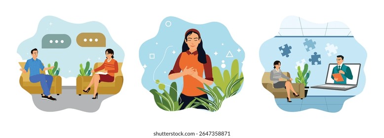 The patient talks to the psychotherapist in the room. Young girl doing breathing exercise, care, awareness, mindfulness and meditation outdoors. Psychotherapy help concept.