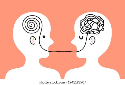 Patient with tangle of messy thoughts in head speak with doctor psychotherapist. Vector cartoon kawaii character illustration icon. Psychotherapy support, untangled thoughts, mental problems concept