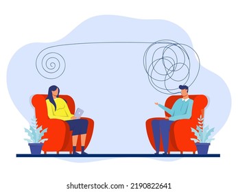 Patient with tangled rope consulting psychologist.The study of how mental functioning affects the behaviors that are expressed Mental health, depression concept  Flat vector illustration