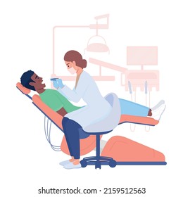 Patient With Teeth Pain And Dentist Semi Flat Color Vector Characters. Posing Figures. Full Body People On White. Medicine Simple Cartoon Style Illustration For Web Graphic Design And Animation