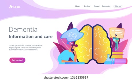 Patient with thought bubble and doctor examining brain. Alzheimer disease and dementia, dotage and memory loss concept on white background. Website vibrant violet landing web page template.
