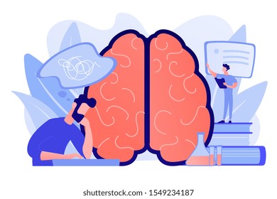 Patient with thought bubble and doctor examining brain. Alzheimer disease and dementia, dotage and memory loss concept on white background. Pinkish coral bluevector isolated illustration