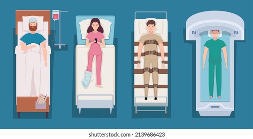 Patient Top View. Emergency Surgical Processes Medical Cartoon Illustration Exact Vector People In Hospital Bed