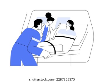 Patient transportation abstract concept vector illustration. Woman picked up by paramedics in ambulance machine, emergency medical services, go to hospital, healthcare sector abstract metaphor.