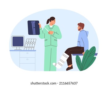 Patient With Trauma At Doctor Office In Hospital. Traumatologist Showing Fracture On Xray. Man With Broken Leg Bone In Cast At Orthopedists. Flat Vector Illustration Isolated On White Background