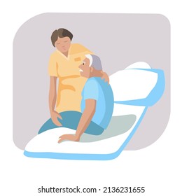 Der Patient versucht mithilfe einer Krankenschwester aus dem Bett zu gehen, Vektorgrafik