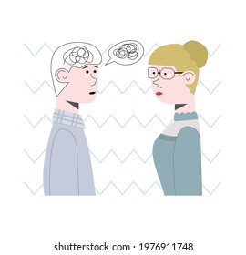 Patient is trying to solve a psychological problem with doctor. He is all in a tangle, his thoughts were all jumbled together. Concept vector illustration.