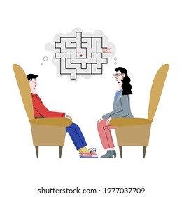 Patient is trying to solve a psychological problem with doctor of the psychotherapy. He can not find a way out from labyrinth of thoughts. Vector illustration for post