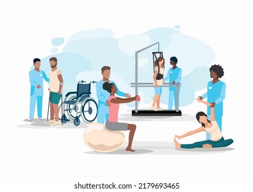 The patient undergoes orthopedic rehabilitation in a rehabilitation center. Physiotherapy. Restoring health after illness and injury. Flat vector illustration.