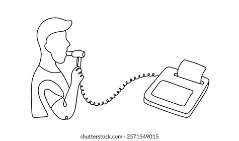 The patient undergoes a respiratory function test using a spirometer. Determination of respiratory ability at a doctor's appointment. Medical vector continuous line. 