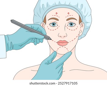 paciente submetido à preparação de cirurgia plástica facial com um cirurgião marcando áreas para procedimentos cosméticos ilustração vetorial desenhada à mão. Ilustração educacional de ciências médicas