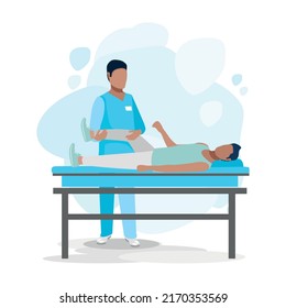 The Patient Is Undergoing Orthopedic Rehabilitation With A Physiotherapist. Physiotherapy. Restoration Of Health After Illness And Injury. Flat Vector Illustration.