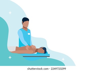 The patient is undergoing orthopedic rehabilitation with a physiotherapist. Physiotherapy. Restoration of health after illness and injury. Flat vector illustration.