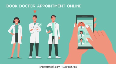 Patient Using Mobile App And Choosing Doctor To Book Appointment Online, Healthcare, Medical And Technology Concept, Flat Vector Illustration