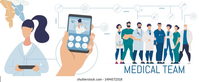 Patient Using Mobile App for Online Diagnostics. Flat Human Hand Holding Smartphone with Open Chat for Professional Checkup. Cartoon Medical Team. Woman with Tablet. Vector Illustration