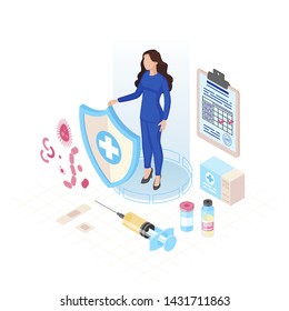 Patient vaccination flat color vector illustration. Hospital medical check up, immunization. Vaccination calendar. Young woman in blue suit, injecting equipment, virus, bacteria 3d concept