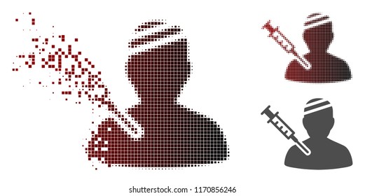 Patient vaccination icon in sparkle, dotted halftone and undamaged solid variants. Pixels are organized into vector disappearing patient vaccination icon.