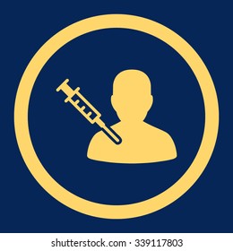 Patient Vaccination vector icon. Style is flat rounded symbol, yellow color, rounded angles, blue background.