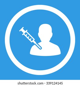 Patient Vaccination vector icon. Style is flat rounded symbol, white color, rounded angles, blue background.