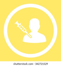 Patient Vaccination vector icon. Style is flat rounded symbol, white color, rounded angles, yellow background.