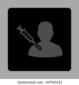 Patient Vaccination vector icon. Style is flat rounded square button, gray and black colors, silver background.
