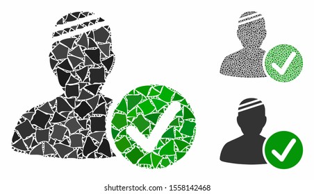 Patient valid mosaic of humpy pieces in different sizes and color tints, based on patient valid icon. Vector irregular pieces are combined into mosaic. Patient valid icons collage with dotted pattern.